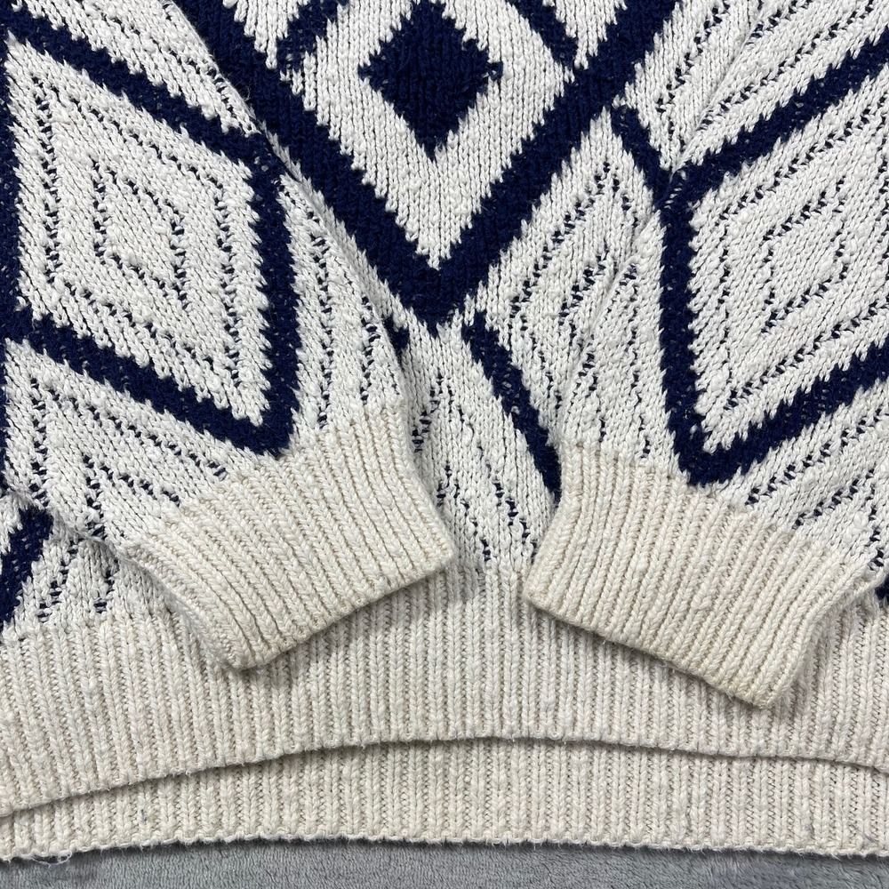 The Fox Collection Vintage Mens Large Diamond Knit Cotton Sweater Navy Cream USA - Picture 4 of 9